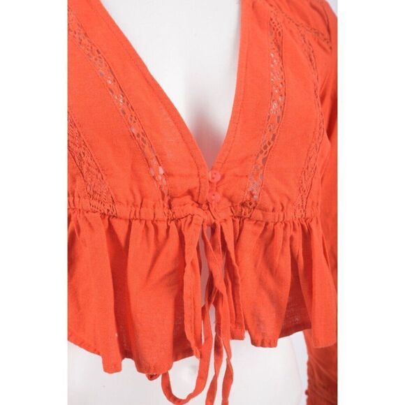 Zara Womens Cropped Top Shirt Lace Ruffle XS Red Linen Long Sleeve 0881/414 NWT - Picture 5 of 5